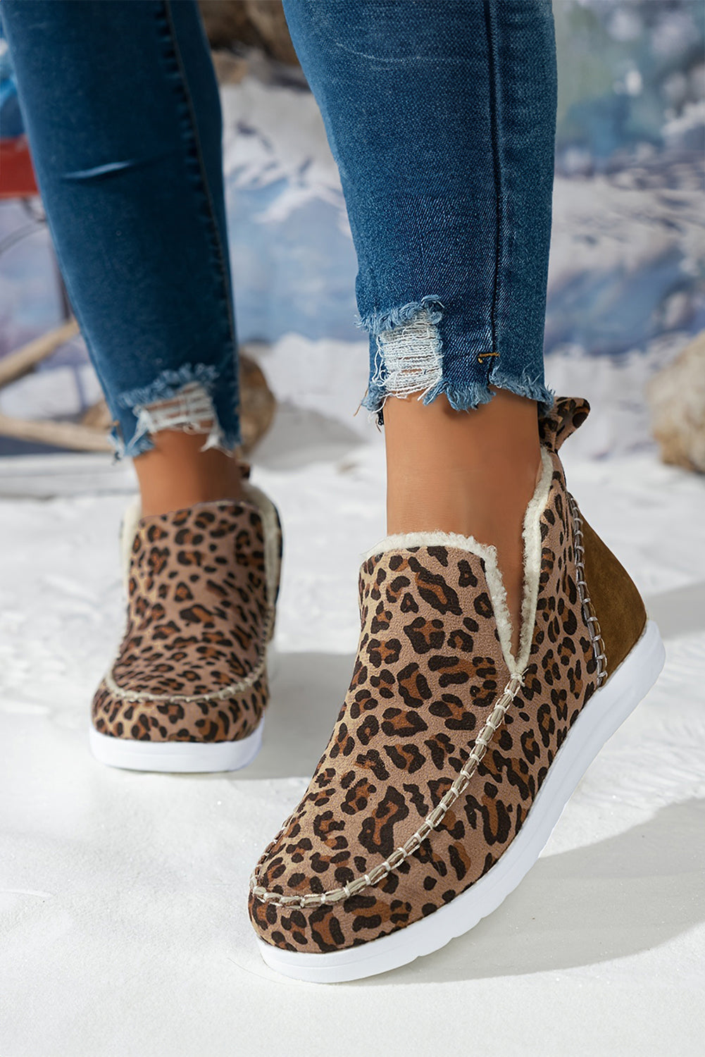 Leopard Print Ankle Patched Flat Winter Fur Boots