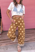 Brown Polka Dot Ankle-Length Metal Button Casual Jeans