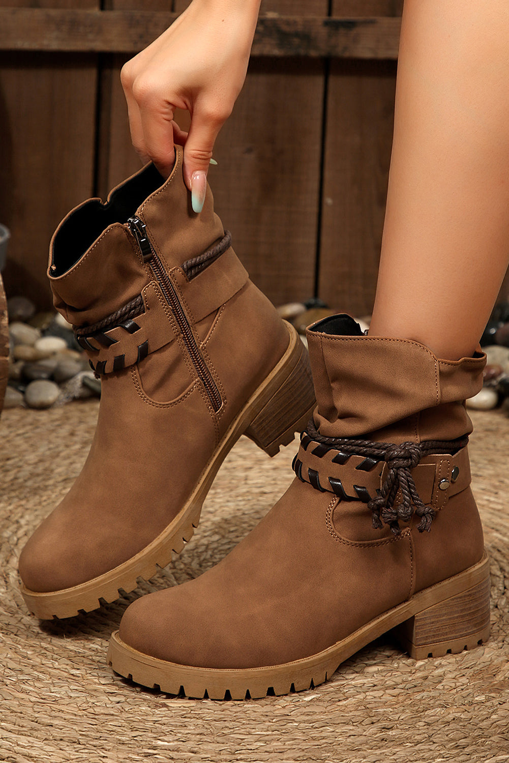 Faux Suede Contrast Rope Detail Side Zip Boots