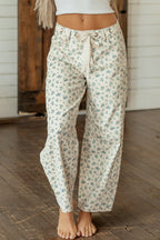 Beige Grommet Knot Waist Floral Barrel Leg Jeans