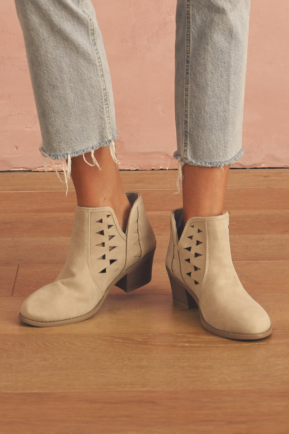Cut Out Suede Pointed Toe Heeled Ankle Boots