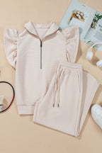 Apricot Textured Ruffled Sleeve Zipped Top and Wide Leg Pants Set