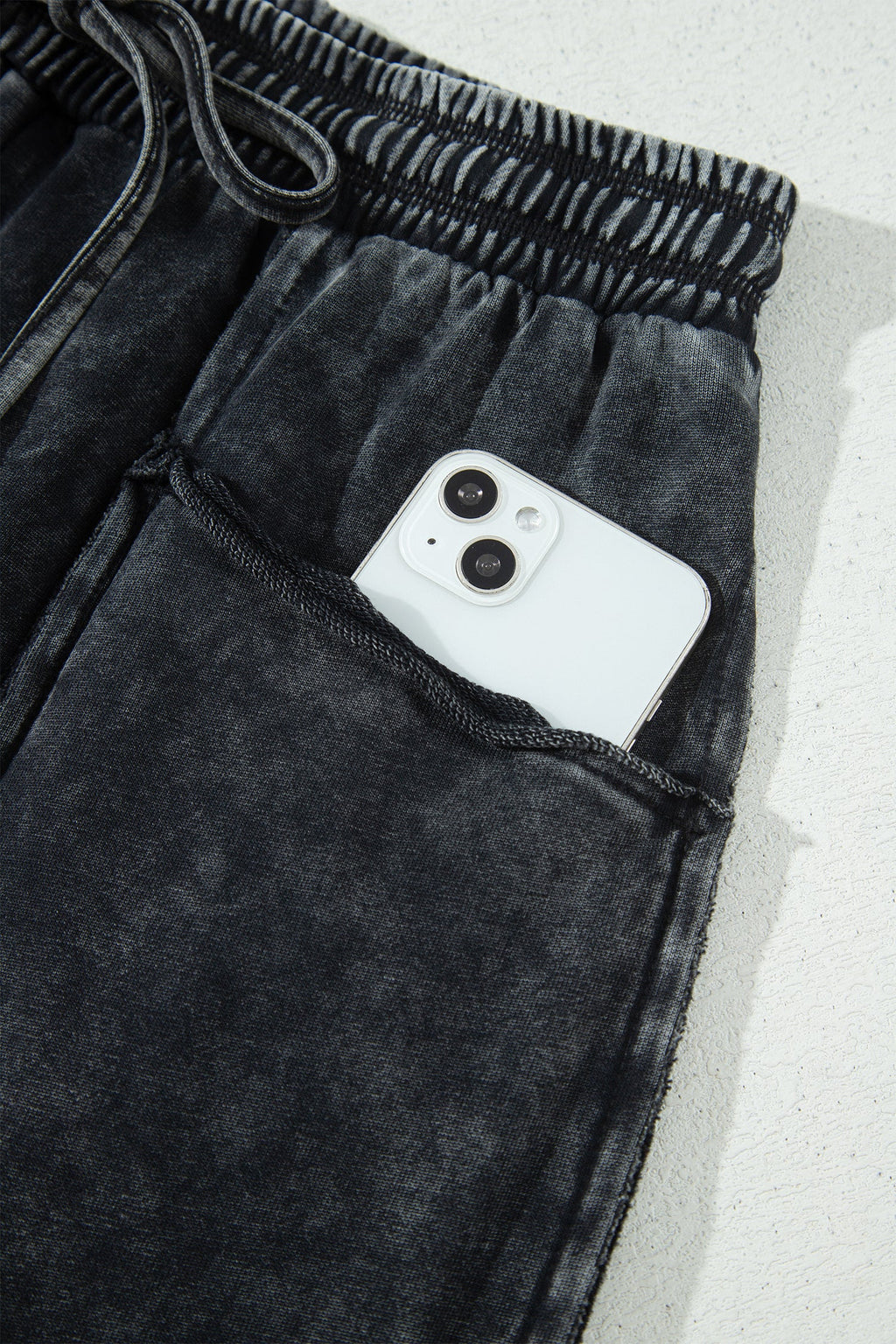 Black Raw Seam Drawstring Elastic Waist Barrel Pants