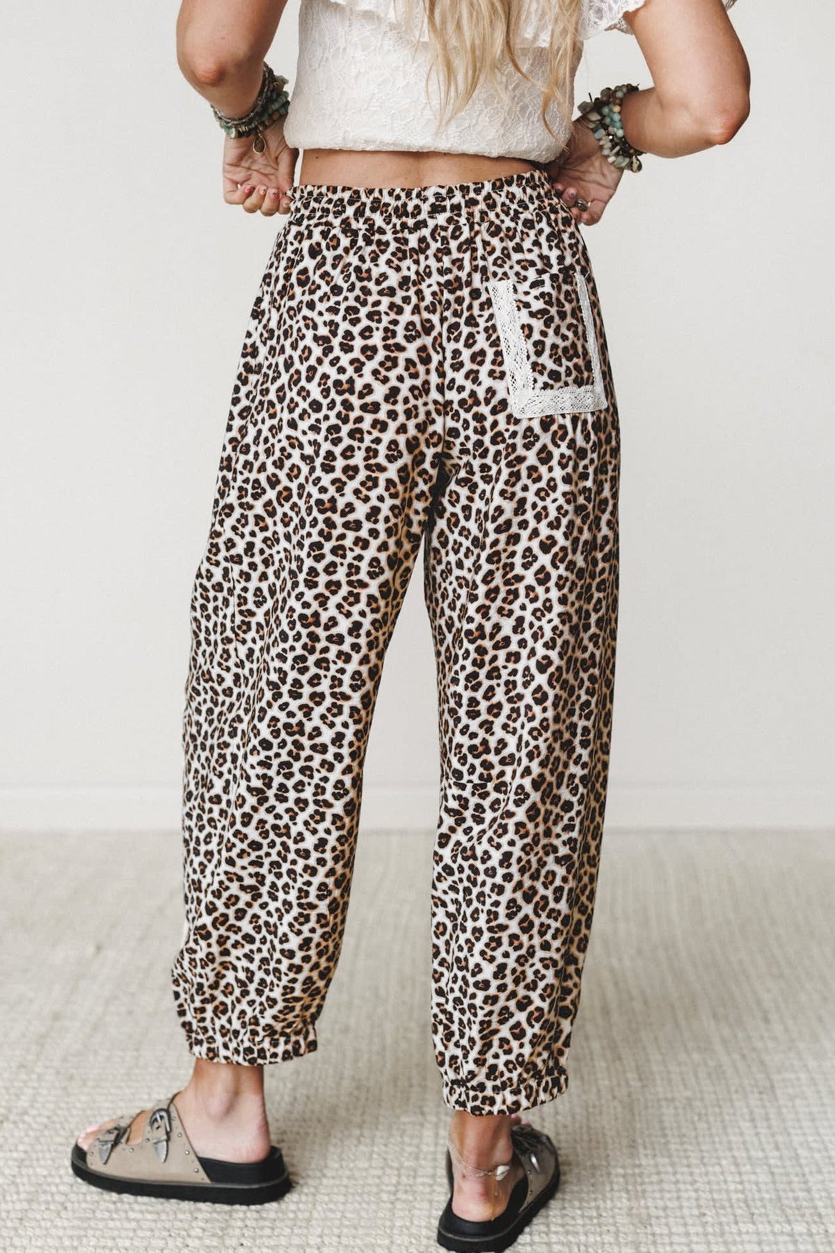 Black Leopard Print Ankle-Length Elastic Waist Pants