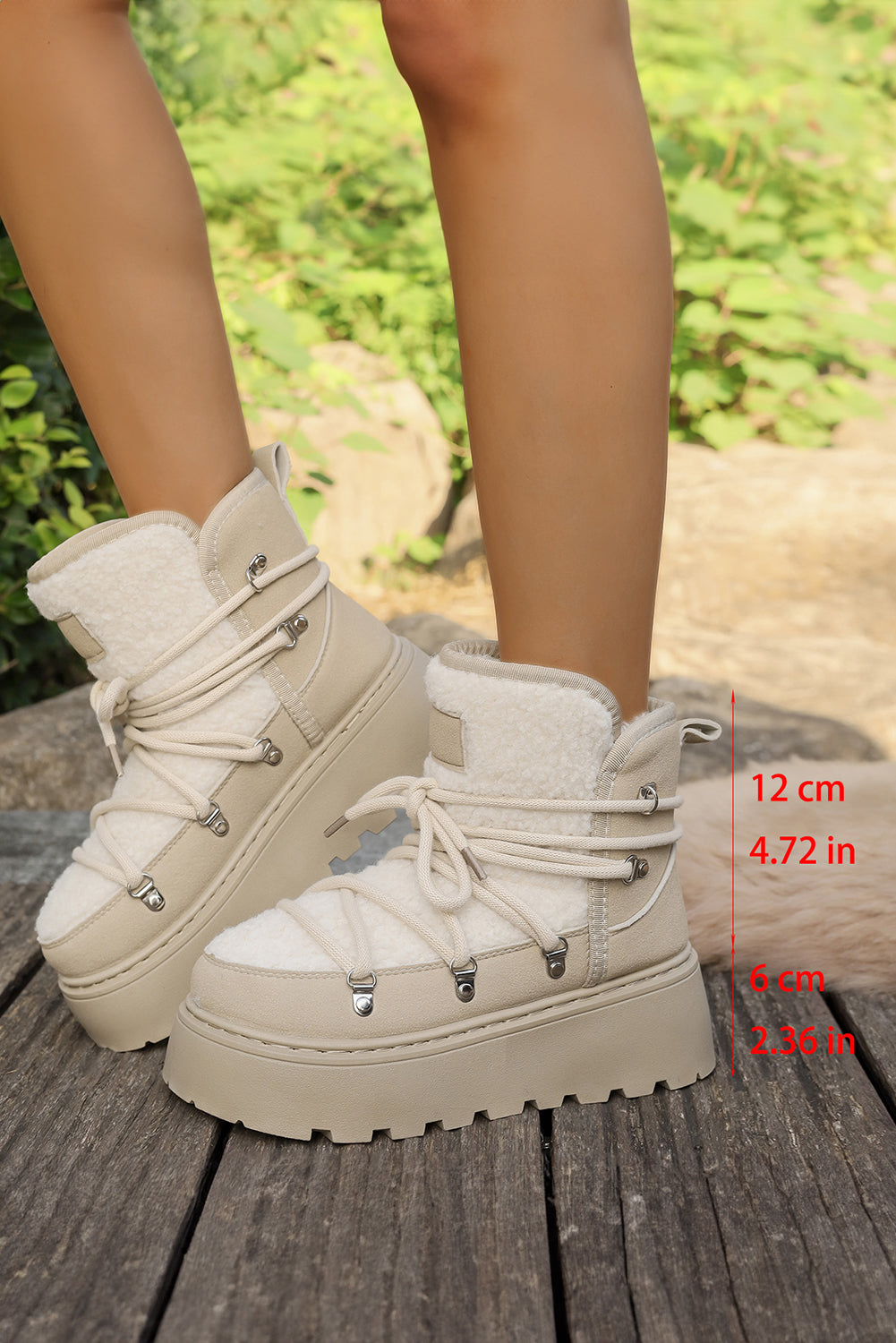 Sherpa PU Leather Patchwork Lace-up Thick Bottom Snow Boots
