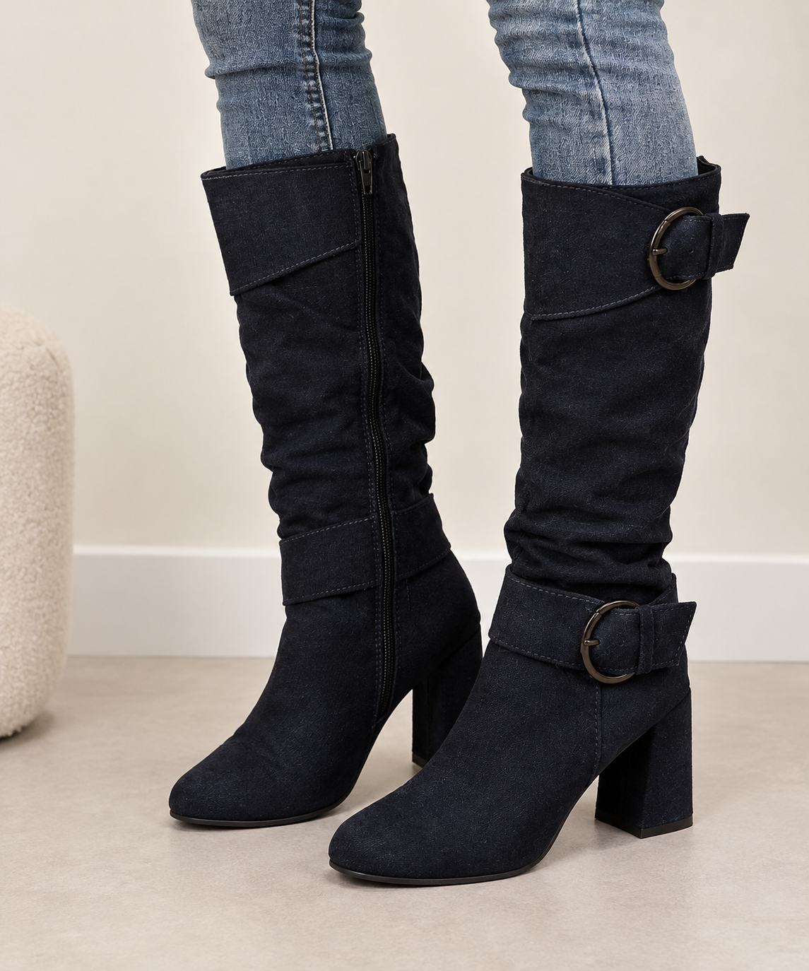 Suede Double Buckled Side Zipped Mid-calf Boots