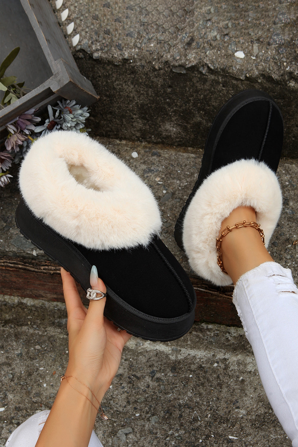 Plush Suede Trim Thick Sole Flat Snow Boots