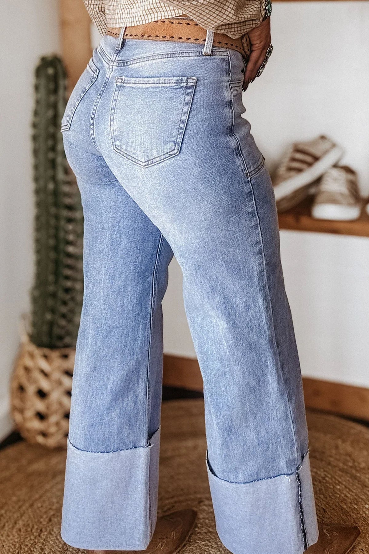 Fashion Beau Blue Turn-up Cuffs Womens Loose Jeans