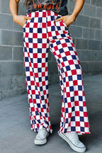 Red 2-Tone Checked Print High Waist Wide Leg Pants