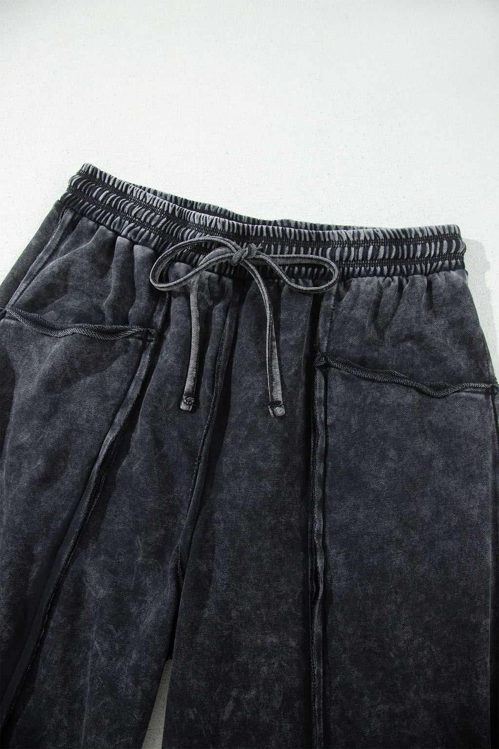 Black Raw Seam Drawstring Elastic Waist Barrel Pants