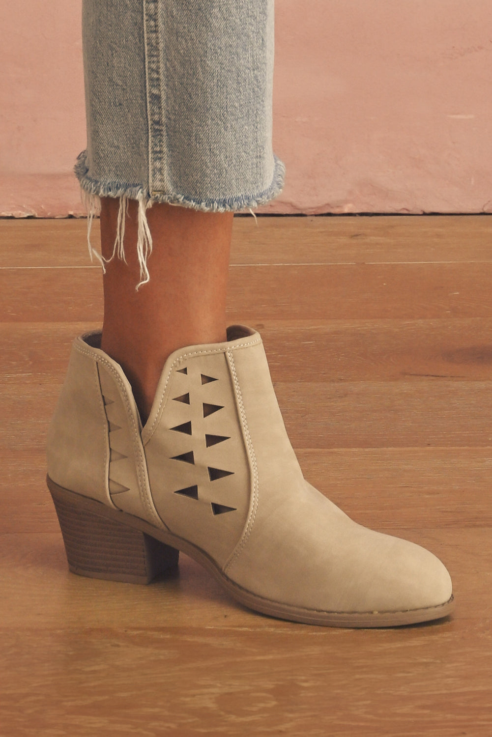 Cut Out Suede Pointed Toe Heeled Ankle Boots