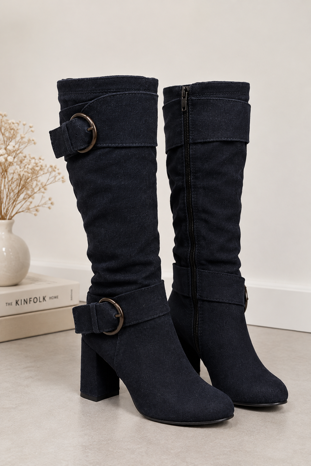 Suede Double Buckled Side Zipped Mid-calf Boots
