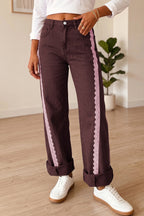 Coffee Lace Trim Casual Full-Length Regular Fit Jeans