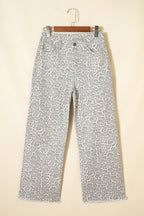 Gray Leopard Frayed Edge Wide Leg High Waist Jeans
