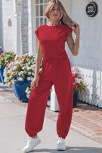 Racing Red Solid Color Cropped Tank Top and Jogger Pants Set