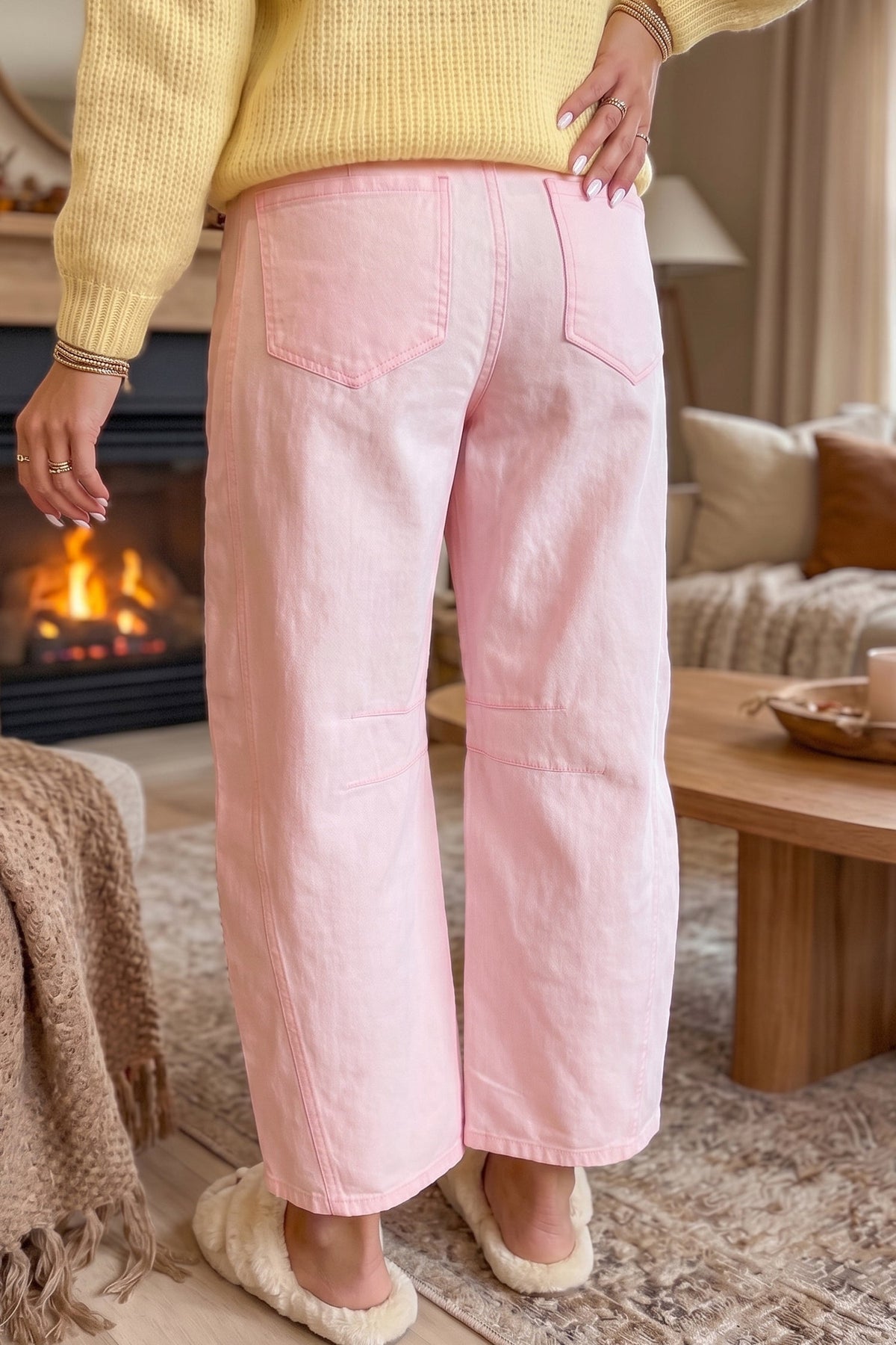 Light Pink Solid Color Grommet Detail Knot Waist Barrel Jeans