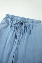 Casual Beau Blue Ruffled Hem Wide Leg Chambray Pants