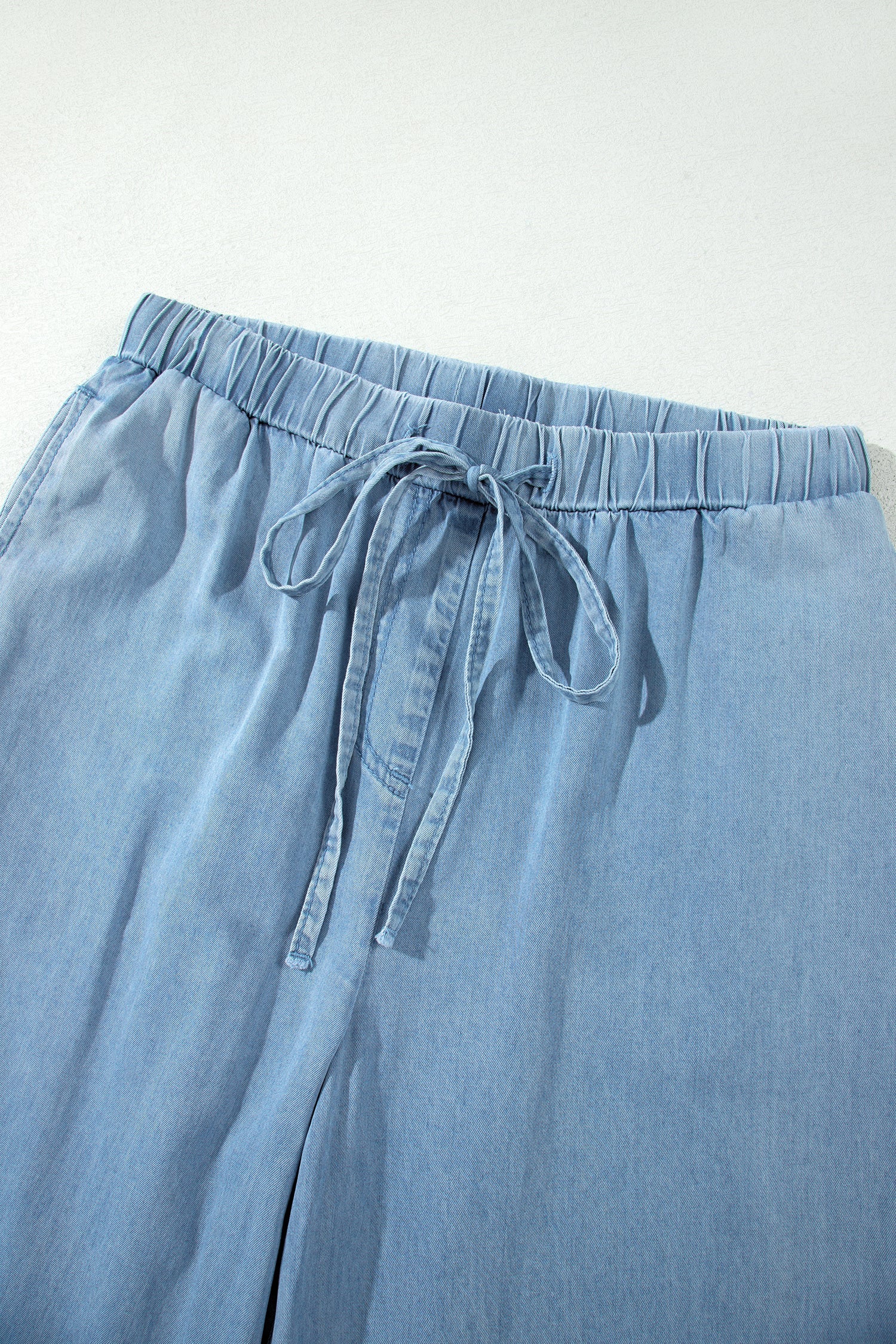 Casual Beau Blue Ruffled Hem Wide Leg Chambray Pants