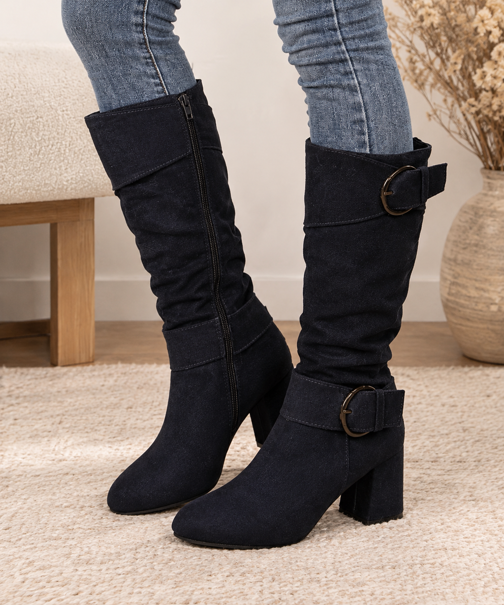 Suede Double Buckled Side Zipped Mid-calf Boots