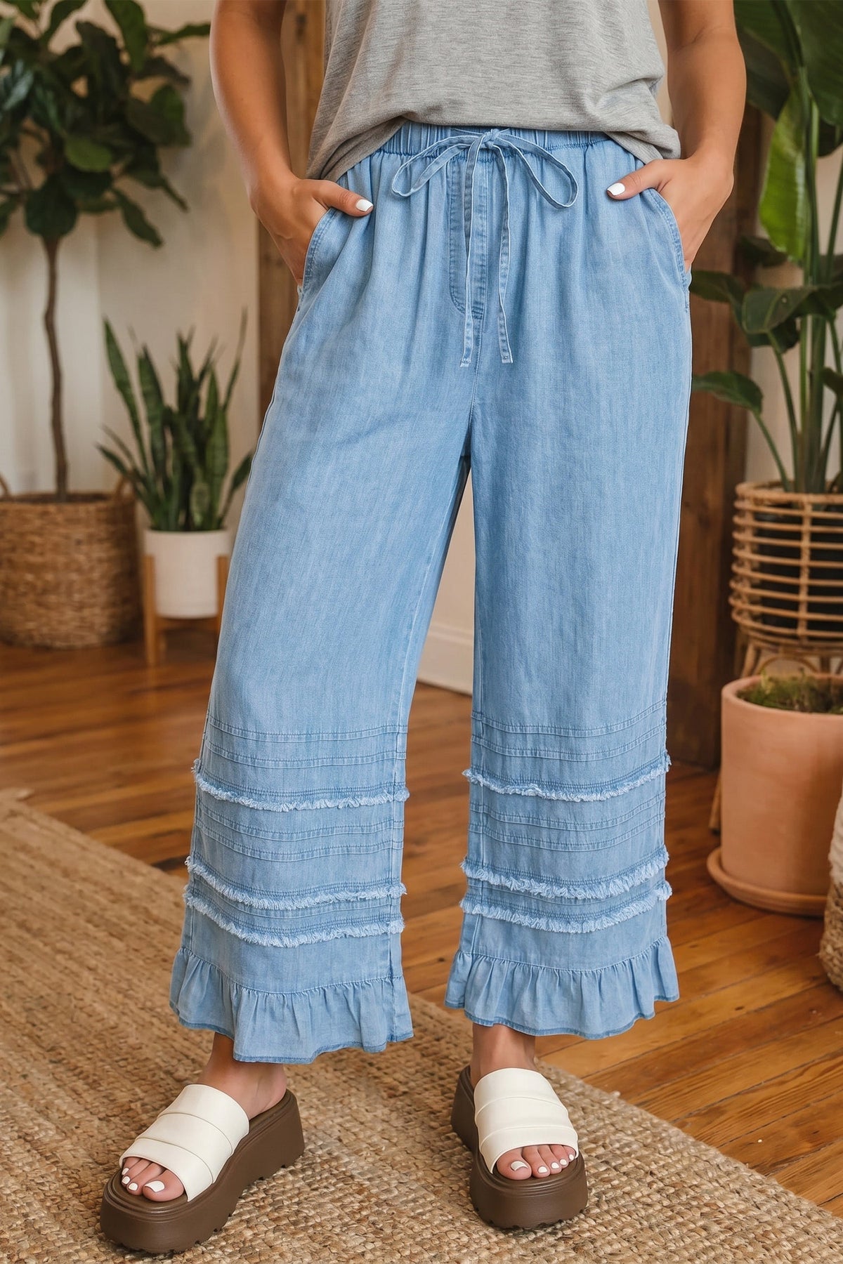 Casual Beau Blue Ruffled Hem Wide Leg Chambray Pants