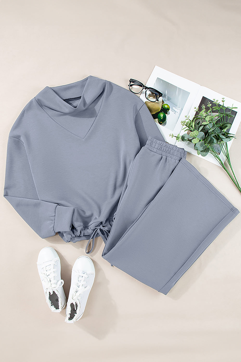 Dusk Blue Cowl Neck Drawstring Pullover Wide Leg Athleisure Pants Set