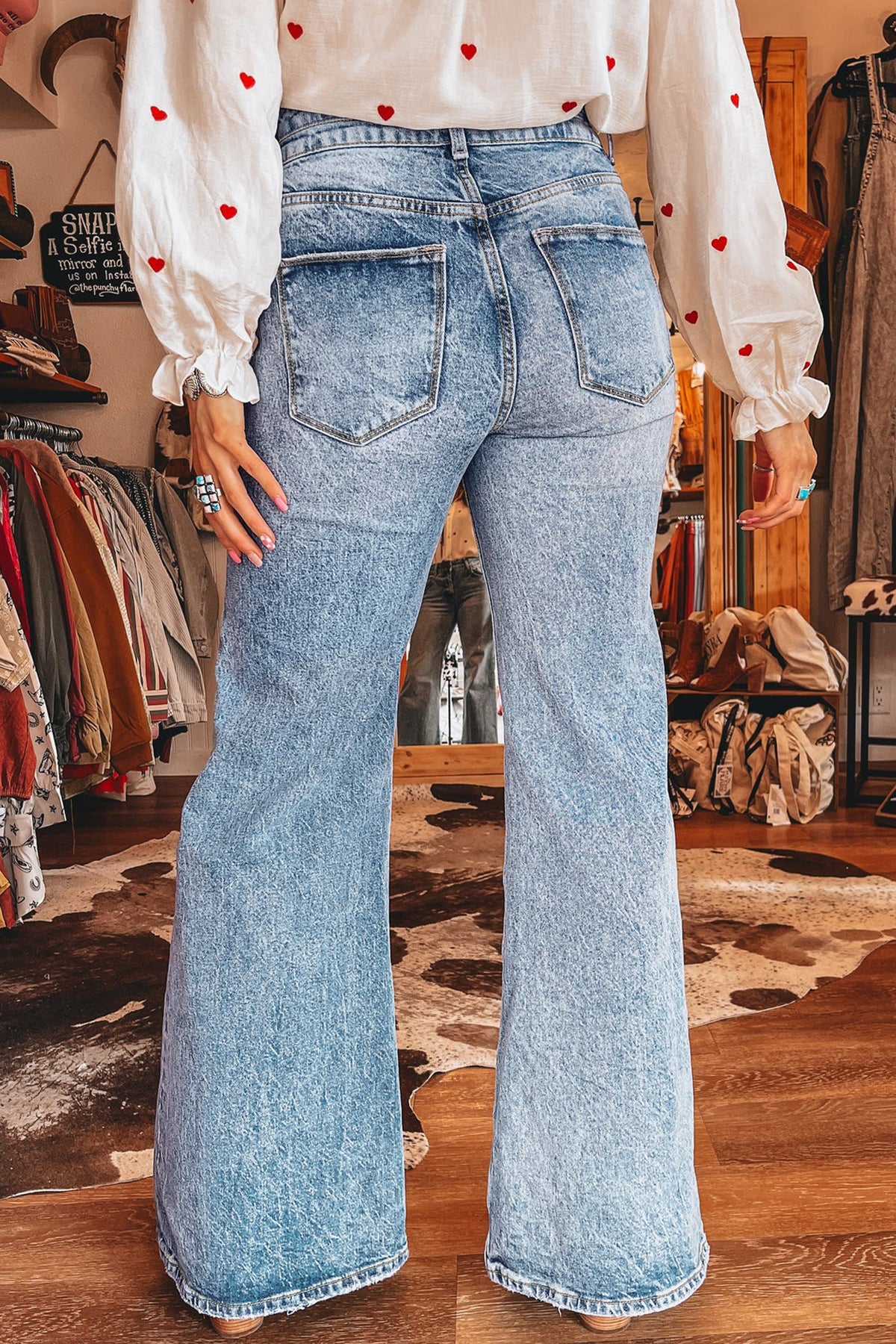 Fashion Beau Blue Acid Wash Pocket Detail Flare Jeans