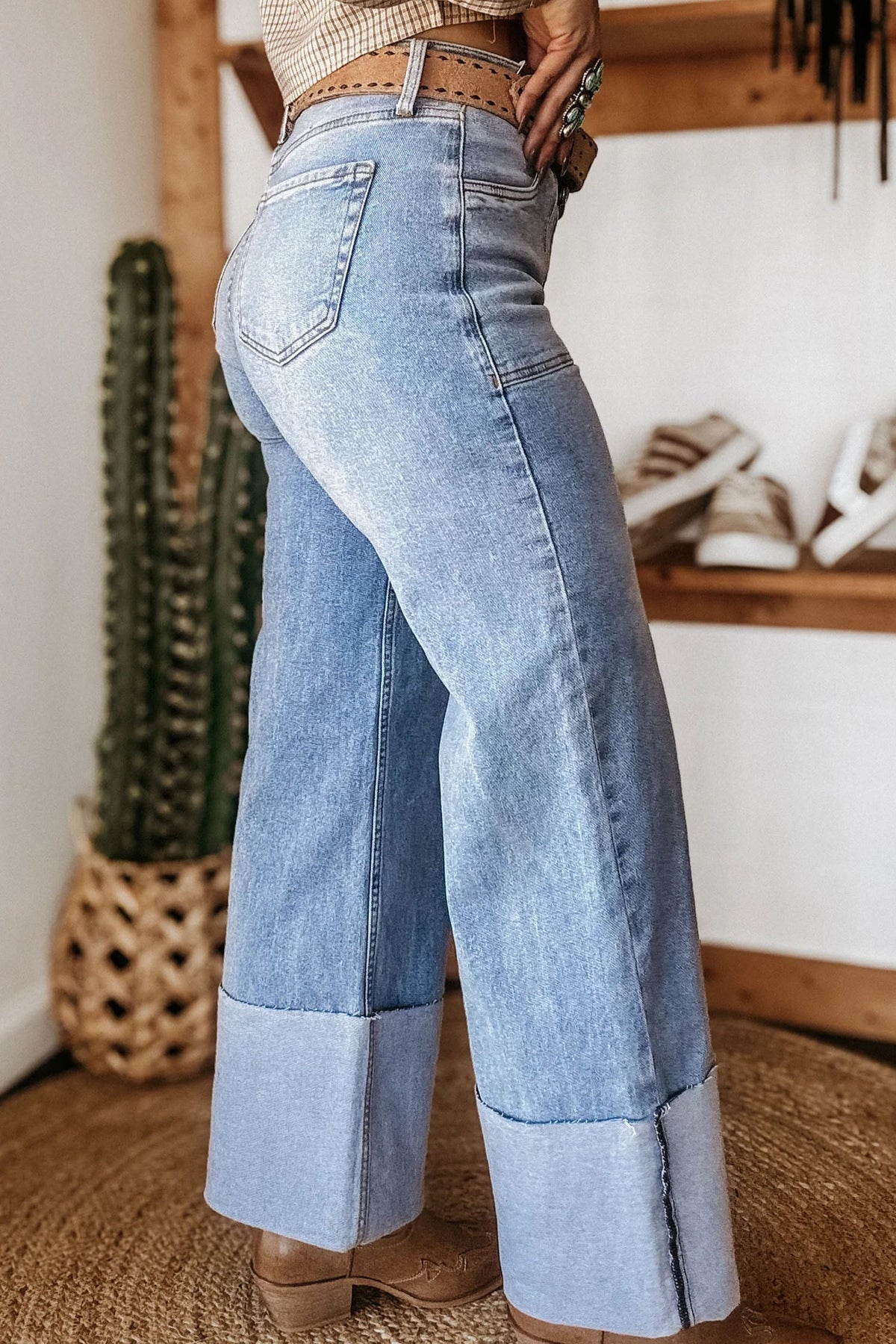 Fashion Beau Blue Turn-up Cuffs Womens Loose Jeans