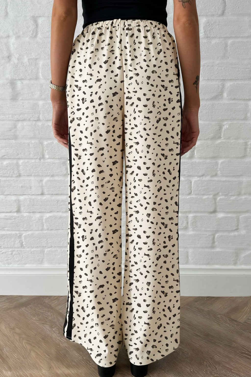 Beige Leopard Print Side Stripe Detail Loose Drawstring Pants