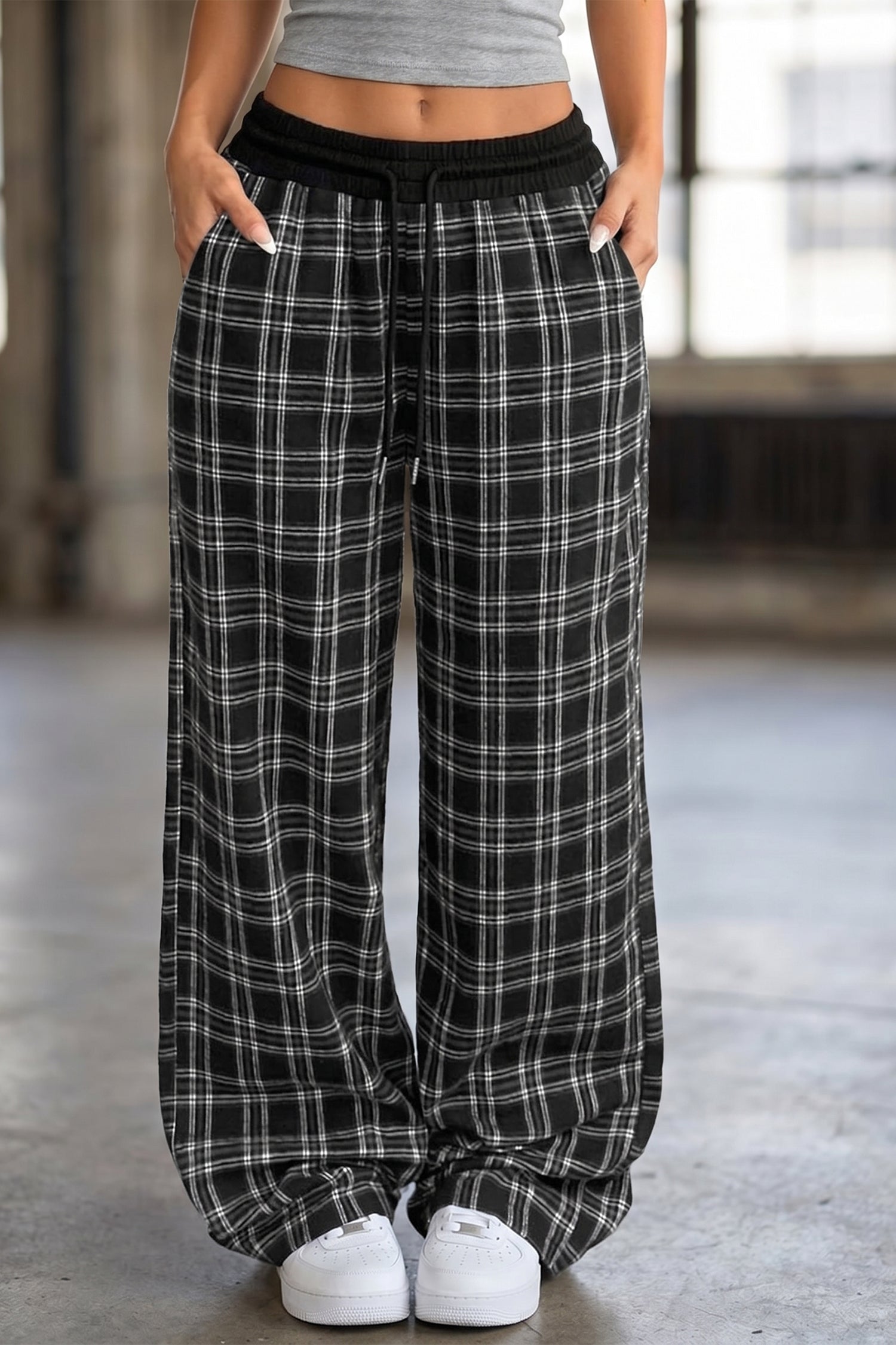Black Frenchy Plaid Pattern Contrast Wide Leg Pants