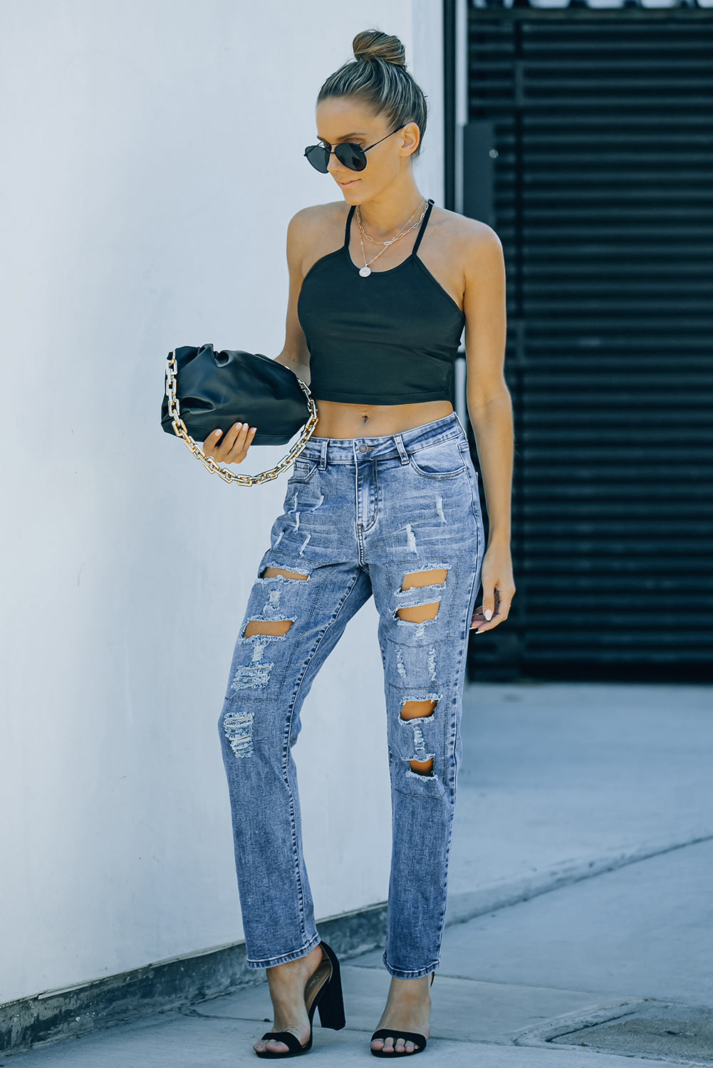 Sky Blue Buttoned Distressed Jeans