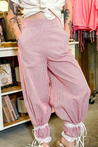 Red Stripe Contrast Lace Ribbon Tie Detail Wide Leg Pants