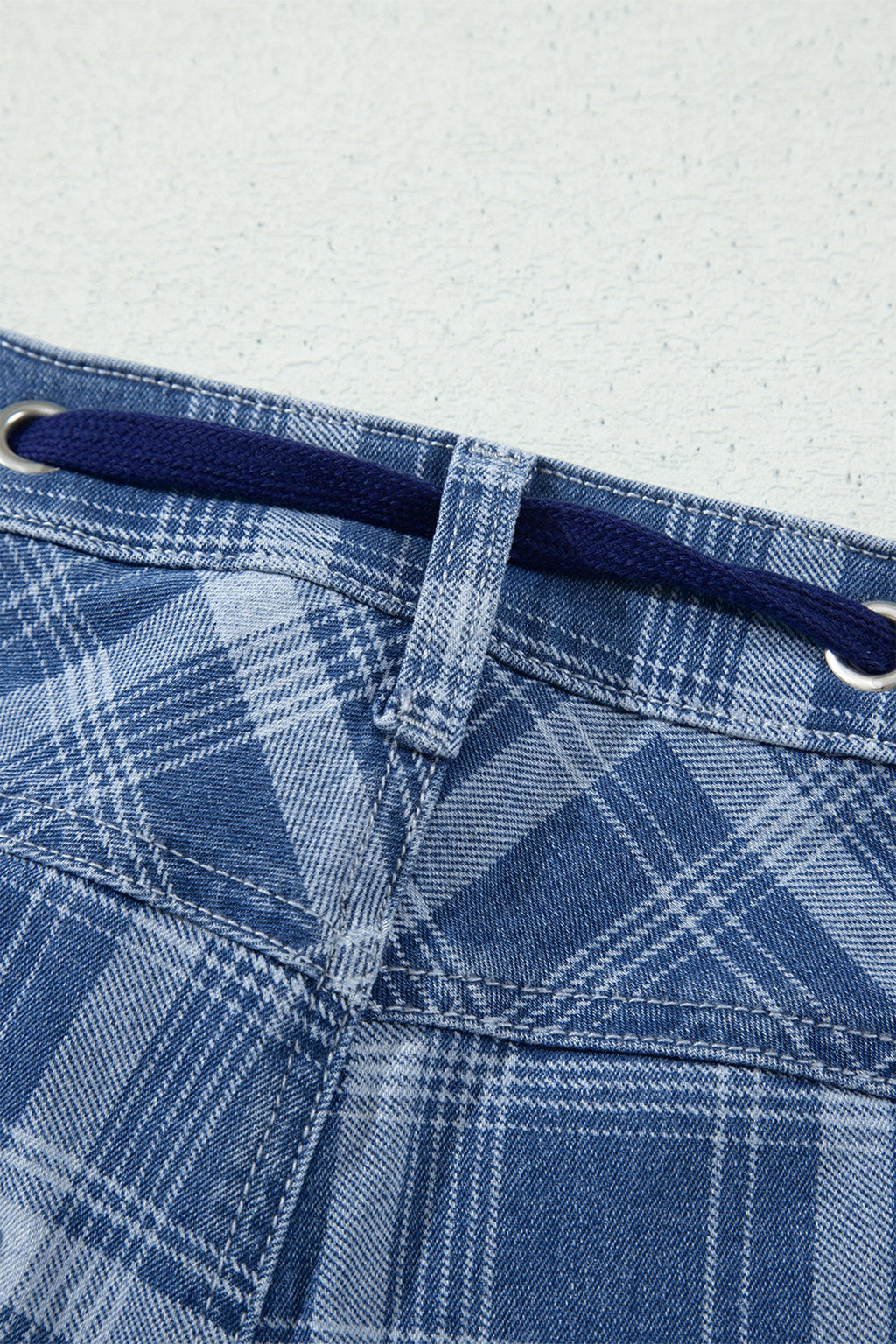 Sky Blue Plaid Denim Grommet Drawstring Waist Ankle-Length Jeans