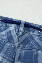 Sky Blue Plaid Denim Grommet Drawstring Waist Ankle-Length Jeans