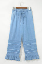 Casual Beau Blue Ruffled Hem Wide Leg Chambray Pants