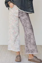 Multicolour Retro Floral Leopard Contrast Patchwork Raw Hem Jeans