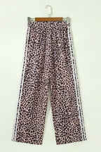 Beige Leopard Print Side Striped Detail Casual Wide Leg Pants