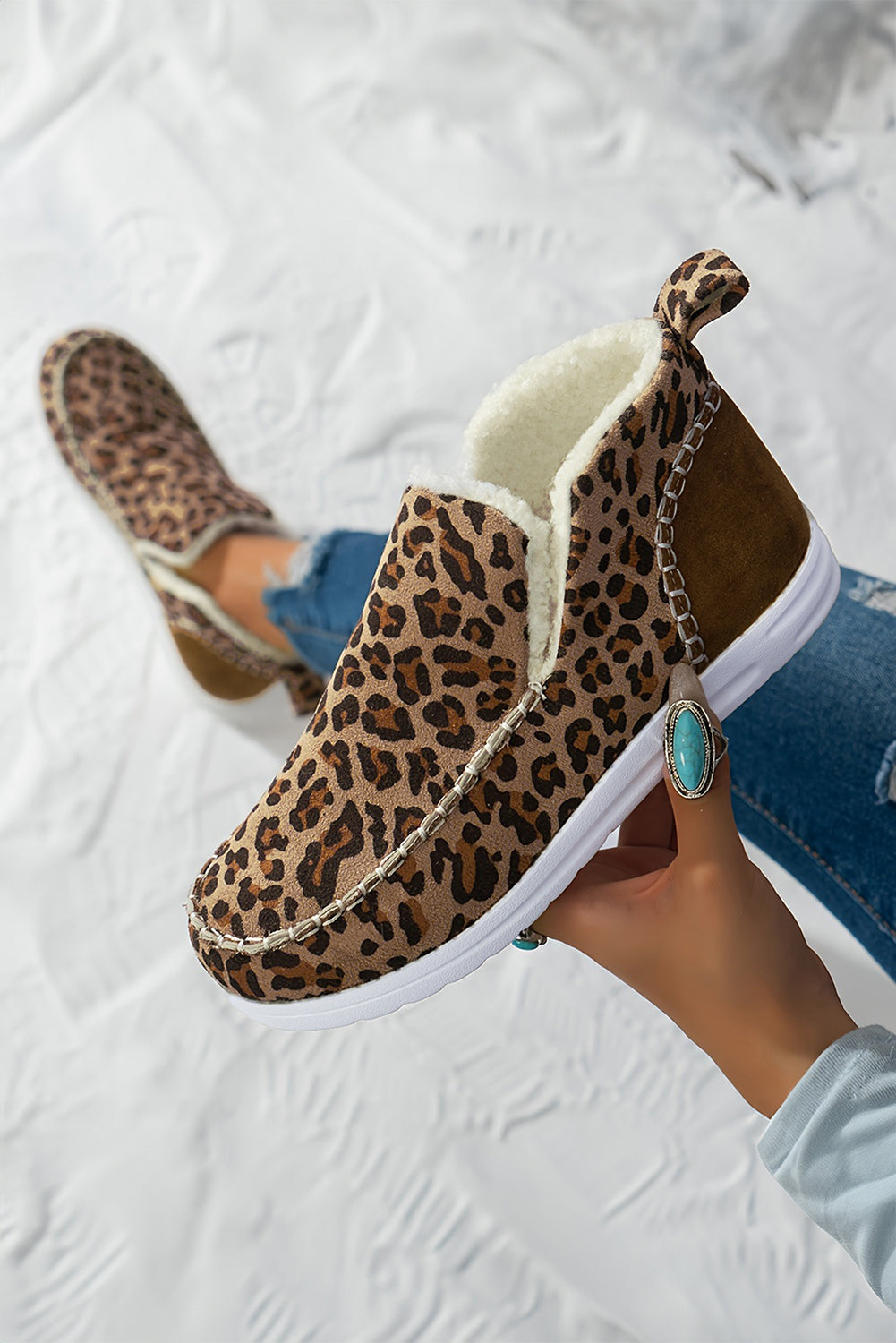 Leopard Print Ankle Patched Flat Winter Fur Boots