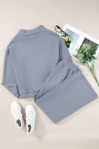 Dusk Blue Cowl Neck Drawstring Pullover Wide Leg Athleisure Pants Set
