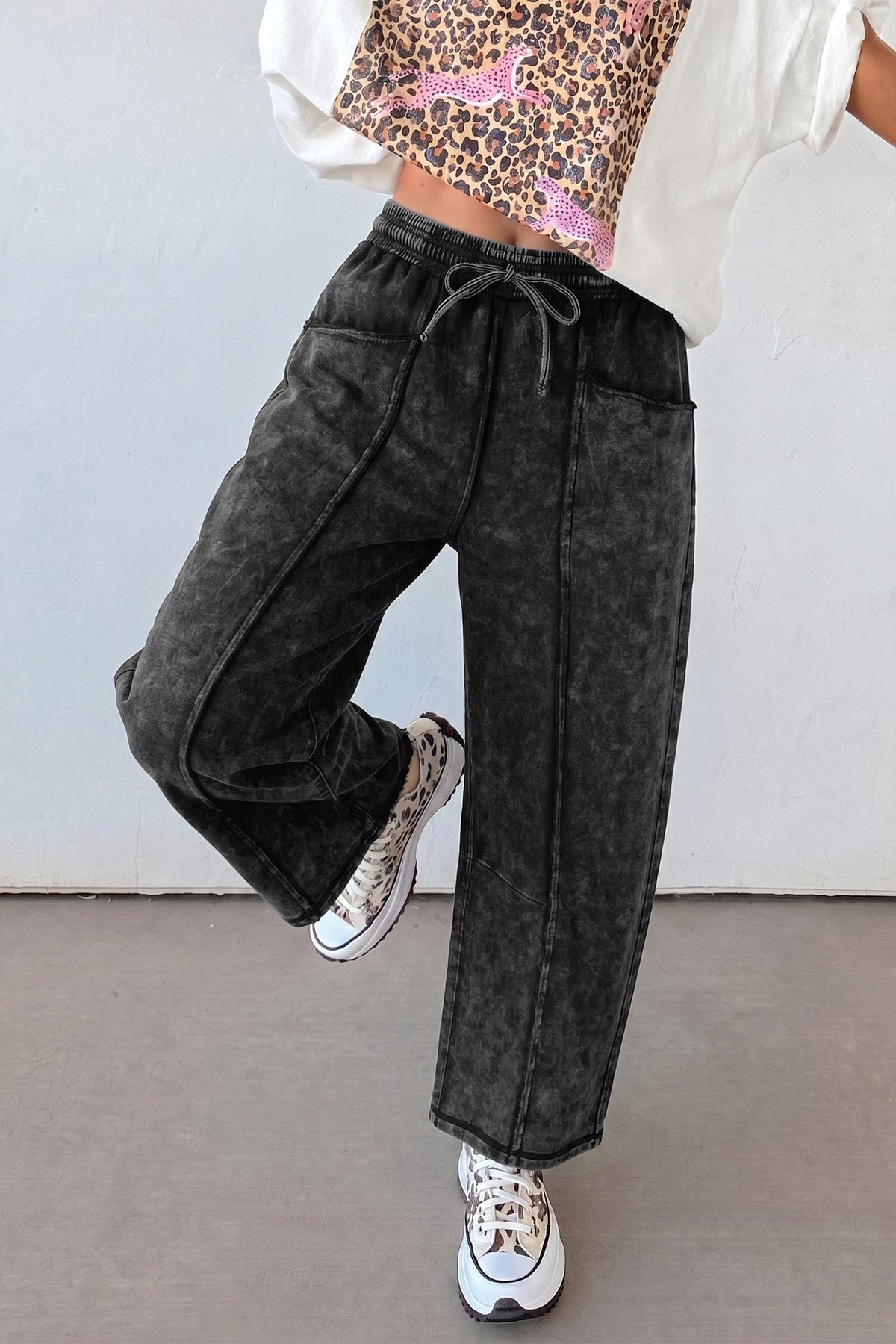 Black Raw Seam Drawstring Elastic Waist Barrel Pants