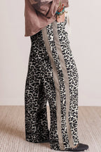 Khaki Leopard Print Drawstring Waist Straight Leg Jeans