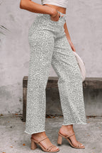 Gray Leopard Frayed Edge Wide Leg High Waist Jeans
