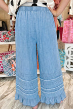 Casual Beau Blue Ruffled Hem Wide Leg Chambray Pants