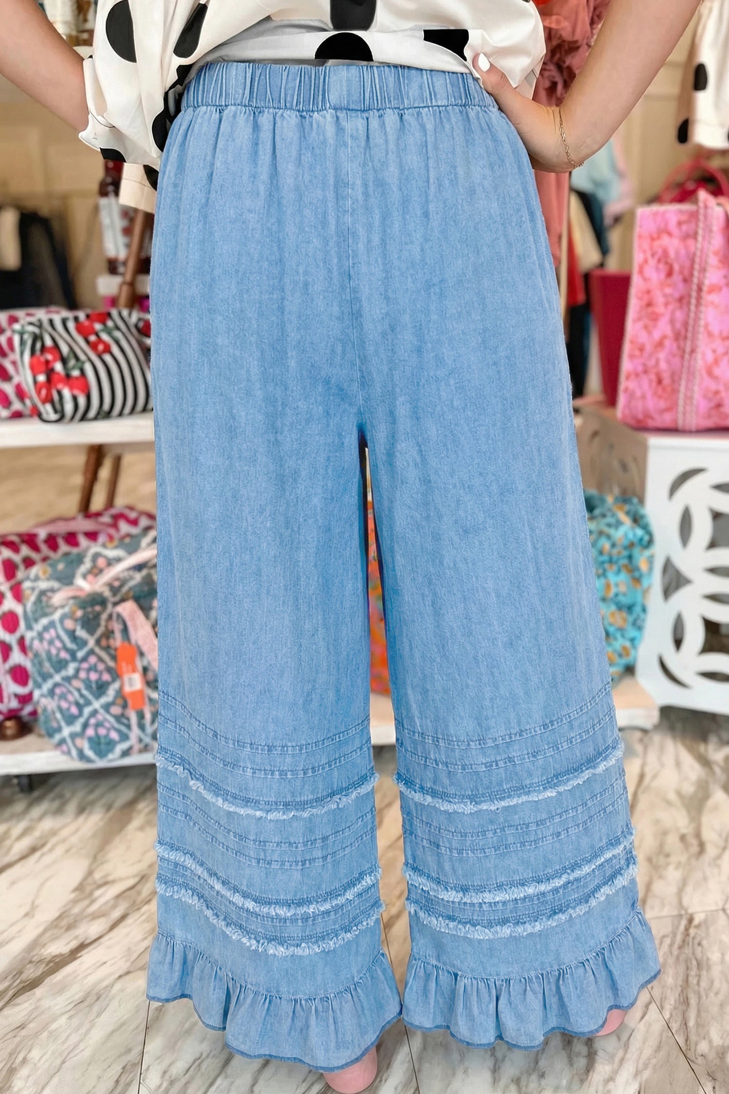 Casual Beau Blue Ruffled Hem Wide Leg Chambray Pants