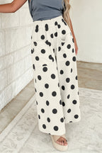 Beige Polka Dot Wide Leg Elastic Waist Casual Pants