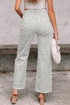 Gray Leopard Frayed Edge Wide Leg High Waist Jeans