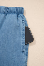 Dusk Blue Ruffled Hem Wide Leg Chambray Pants