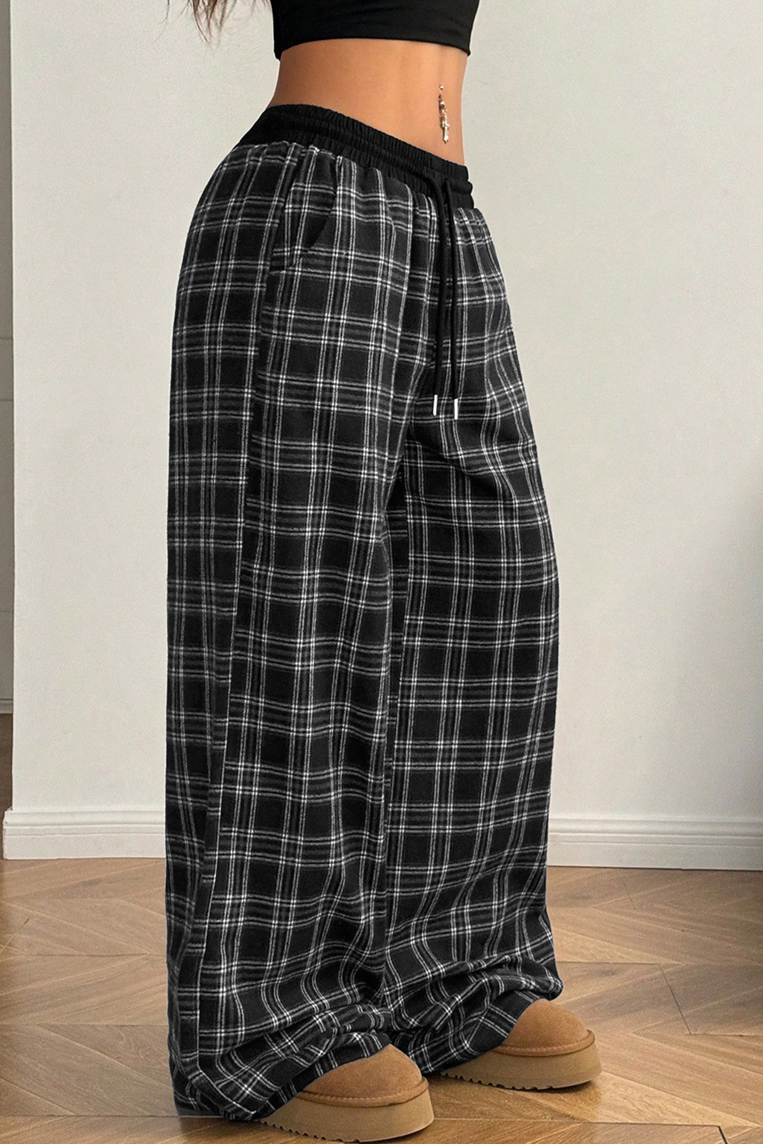 Black Frenchy Plaid Pattern Contrast Wide Leg Pants