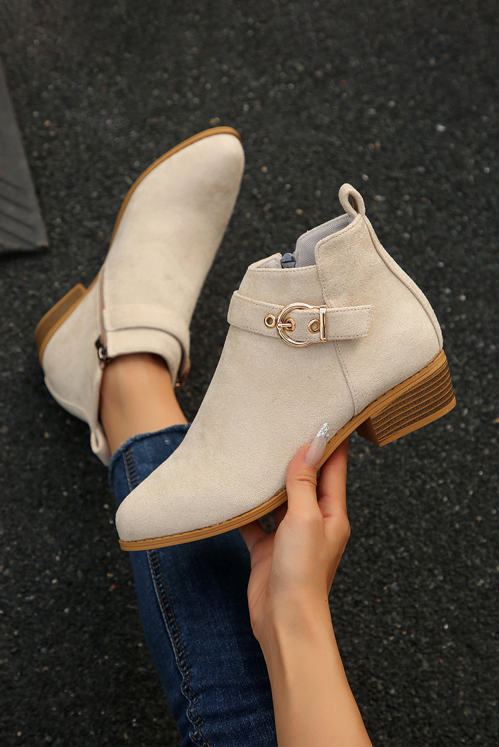 Classic Buckle Strap Chunky Heel Suede Boots