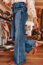 Sail Blue Acid Wash Pocket Detail Flare Jeans