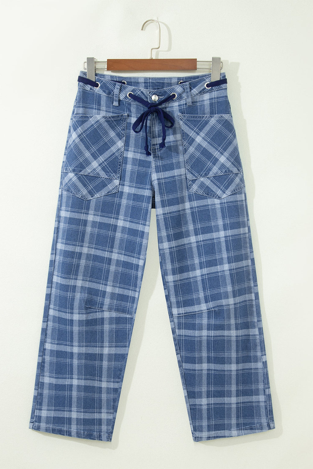 Sky Blue Plaid Denim Grommet Drawstring Waist Ankle-Length Jeans